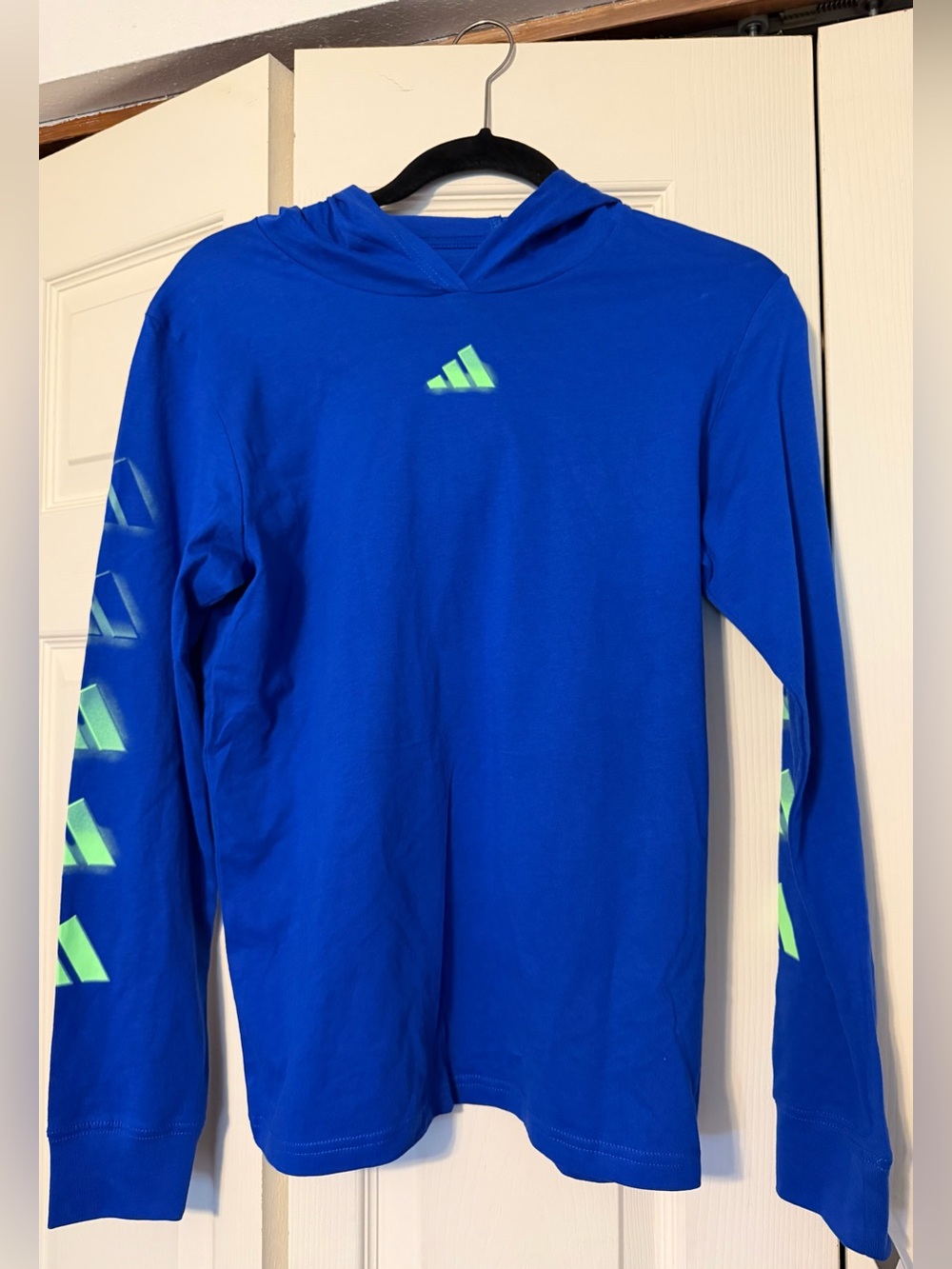 adidas Royal Blue Hooded Long Sleeve Tee with Neon Green Accents